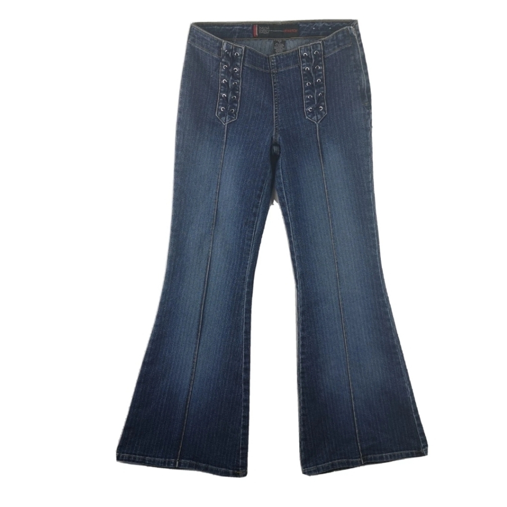 Vtg YADA YADA Stretch Size 7 (S) Flare Jeans Corset Lace Front Pinstripe Denim